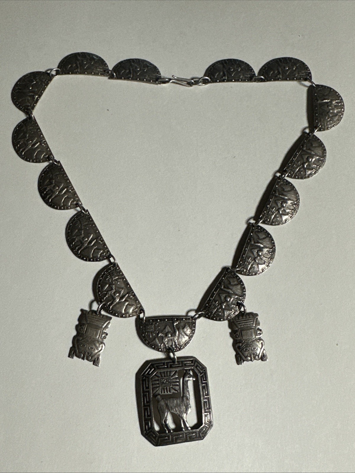 Vintage MRT Peru 925 Sterling Silver Llama Inca Warrior Link Necklace 18”