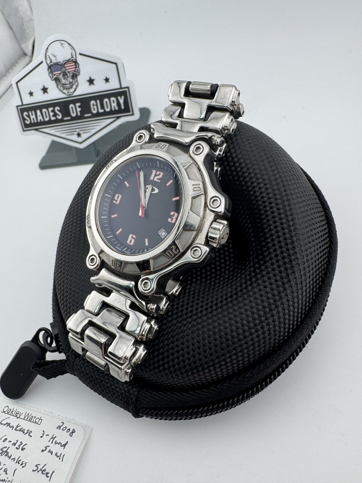 OAKLEY CRANKCASE 3-HAND SMALL WATCH POLISHED STAINLESS BRACELET BLACK 10-243