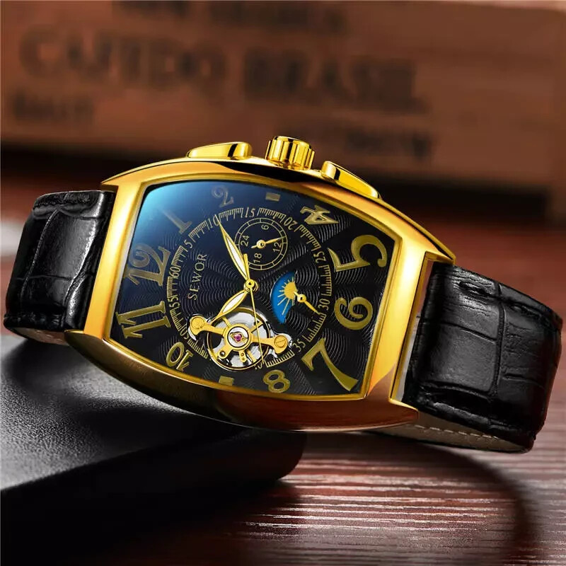 SEWOR Skeleton Watch Mechanical Automatic Self-Wind Leather Bracelet Moon Phase