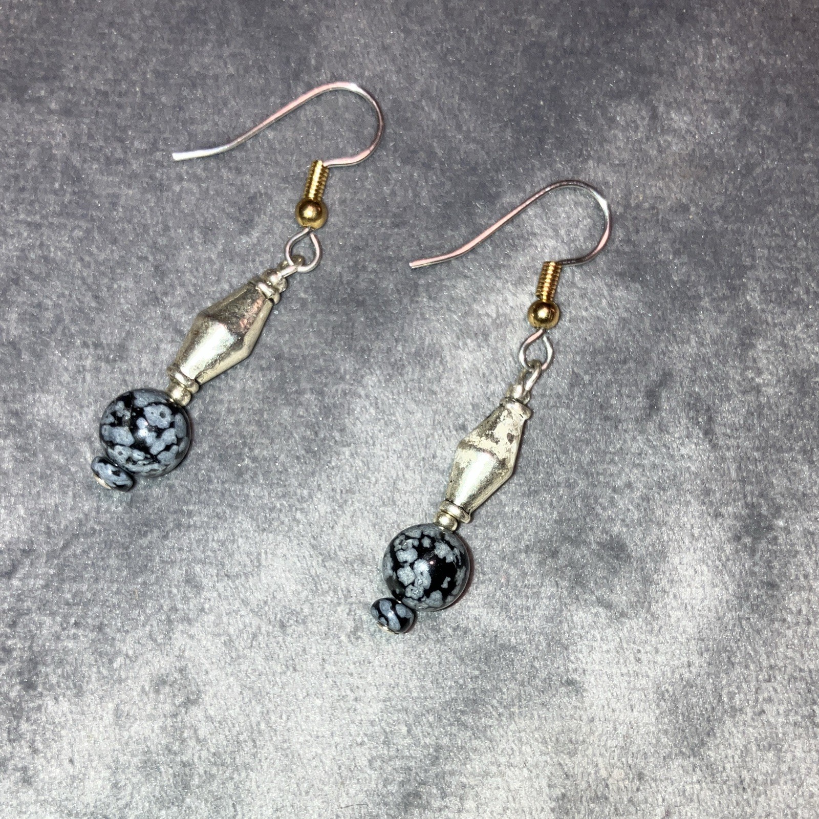 Silver Tone Beaded Dangle Drop Hook Earrings Black Gray Round Bead Stone