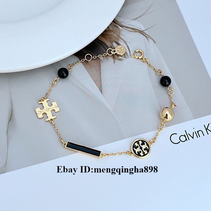 New Tory Gold Plated TB Logo Black Bracelet with Jewelry Pouch Size:18+4cm
