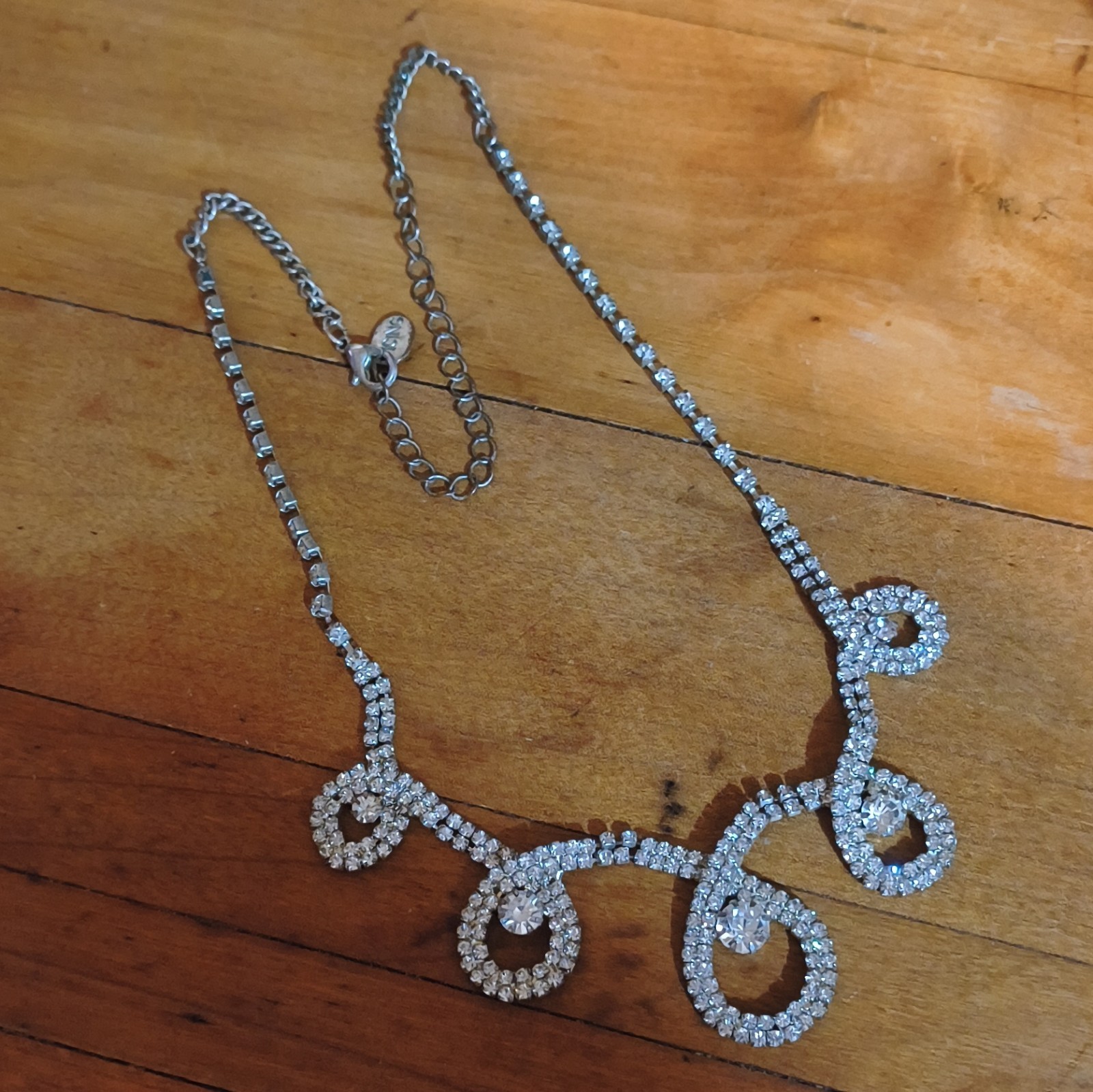 Silver Tone Clear Crystal Rhinestone Statement Necklace Asymmetrical Loop Drop