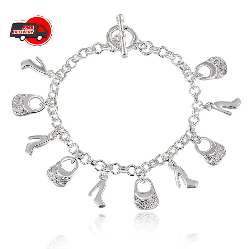 925 Sterling Silver Charm Glossy Bead Bangle Women’s Fashion Bracelet Jewelry