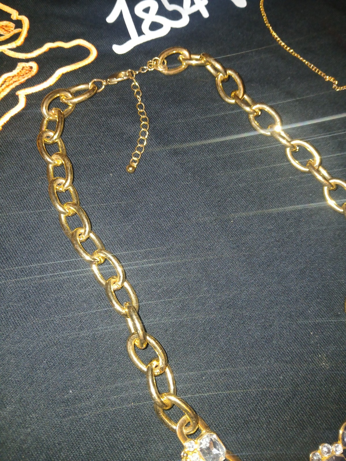 Gold Tone Cable Chain Necklace Clear Round Crystal Accents Lobster Extender