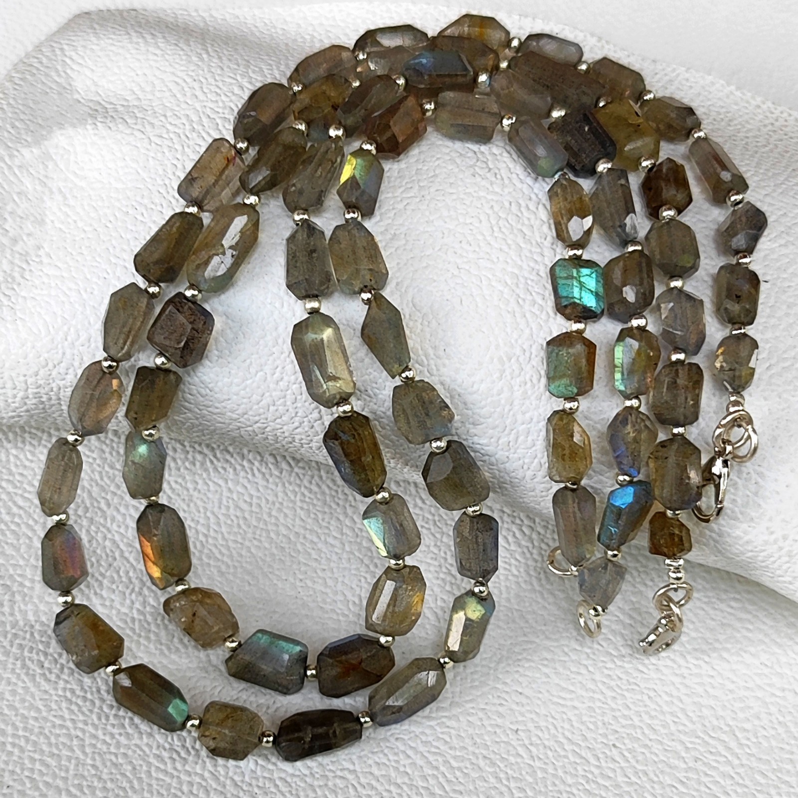 India Rainbow Fire Labradorite 7-11mm Faceted Nugget Beads 17″ Necklace