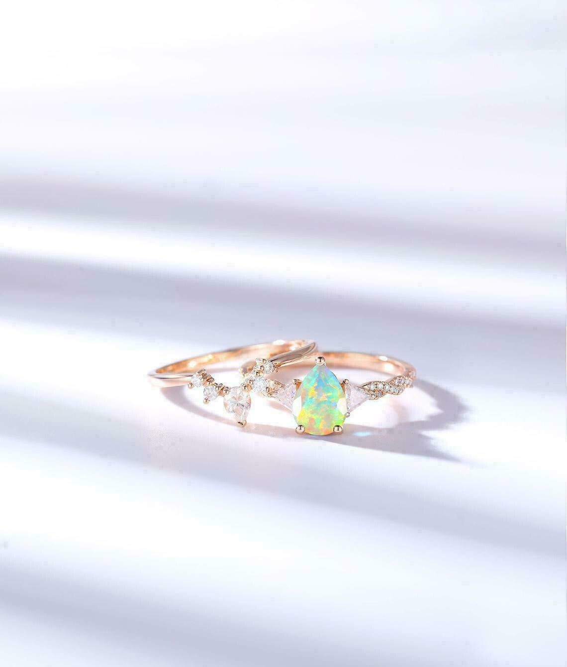 1.50Ct Pear Cut Fire Opal Women Bridal Engagement Ring Set 14K Rose Gold Finish