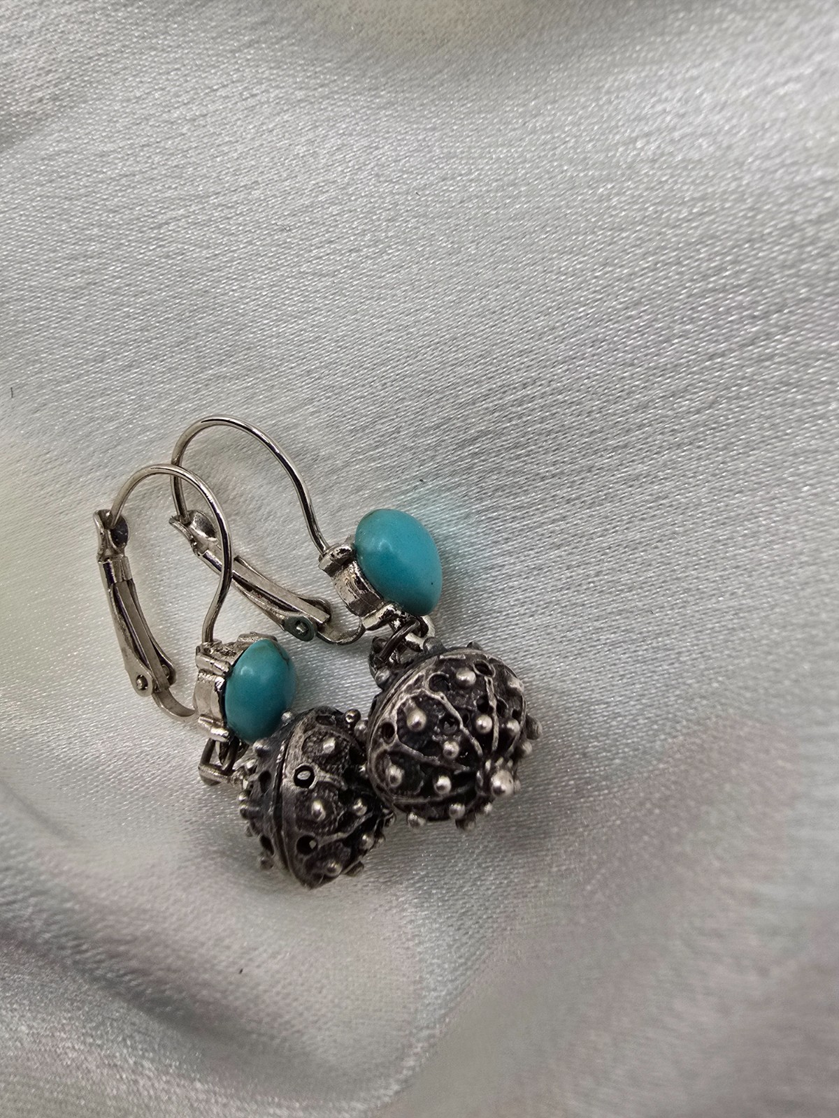 Vintage Croatian Botuni Ball Dangle Earrings Turquoise Silver Tone 6.12g