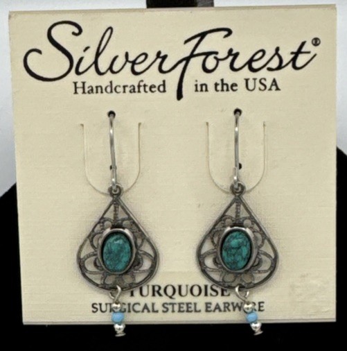 Silver Forest Turquoise Teardrop Dangle Earrings Surgical Steel Earwire Made USA