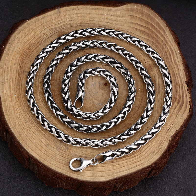 S925 Sterling Silver WHEAT SPIGA CHAIN Necklace Vintage Oxidized 2-4mm 20-26in