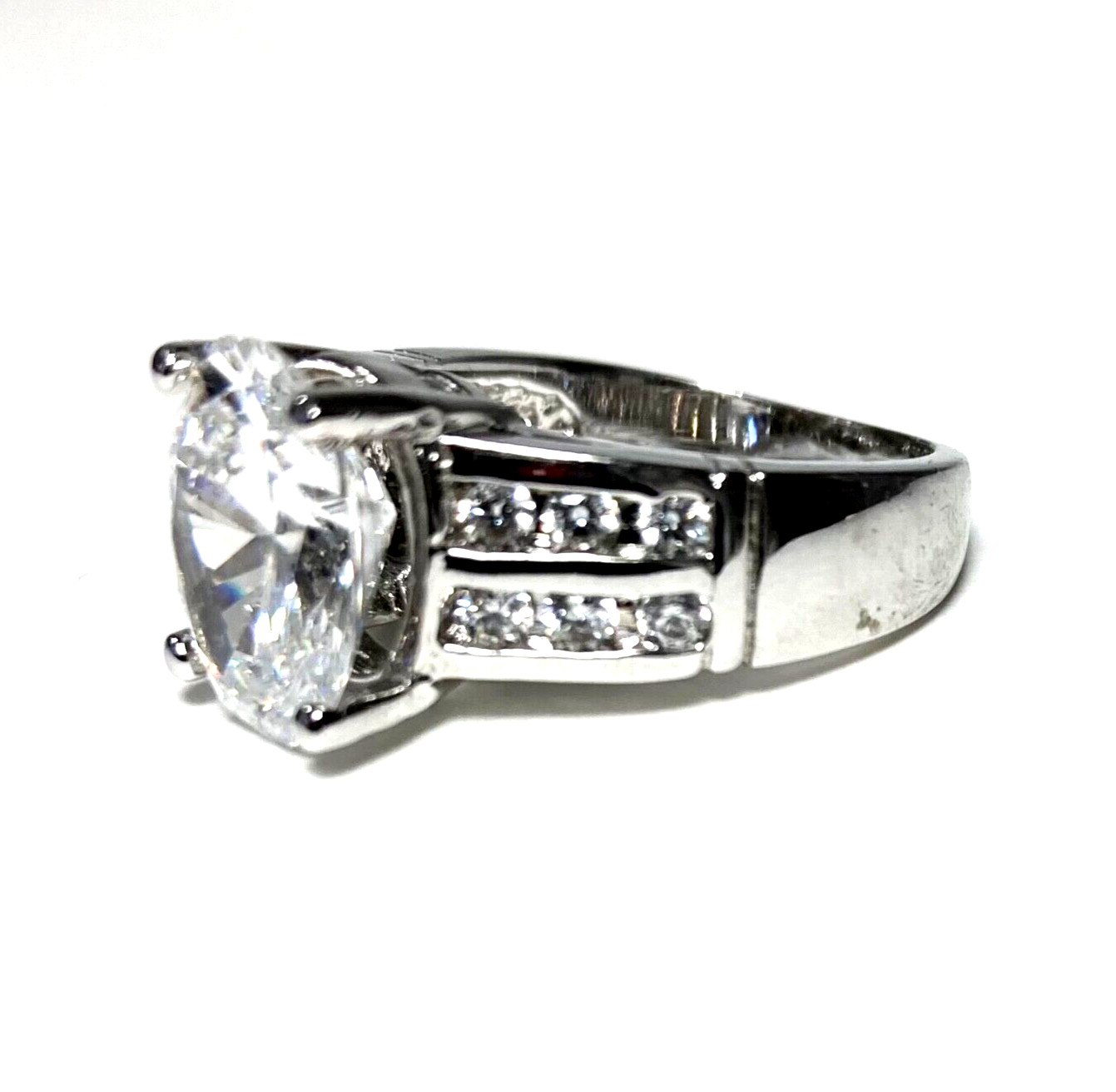 925 STERLING SILVER ENGAGEMENT RING, OVAL CZ SOLITAIRE WITH ACCENTS, SIZE 5