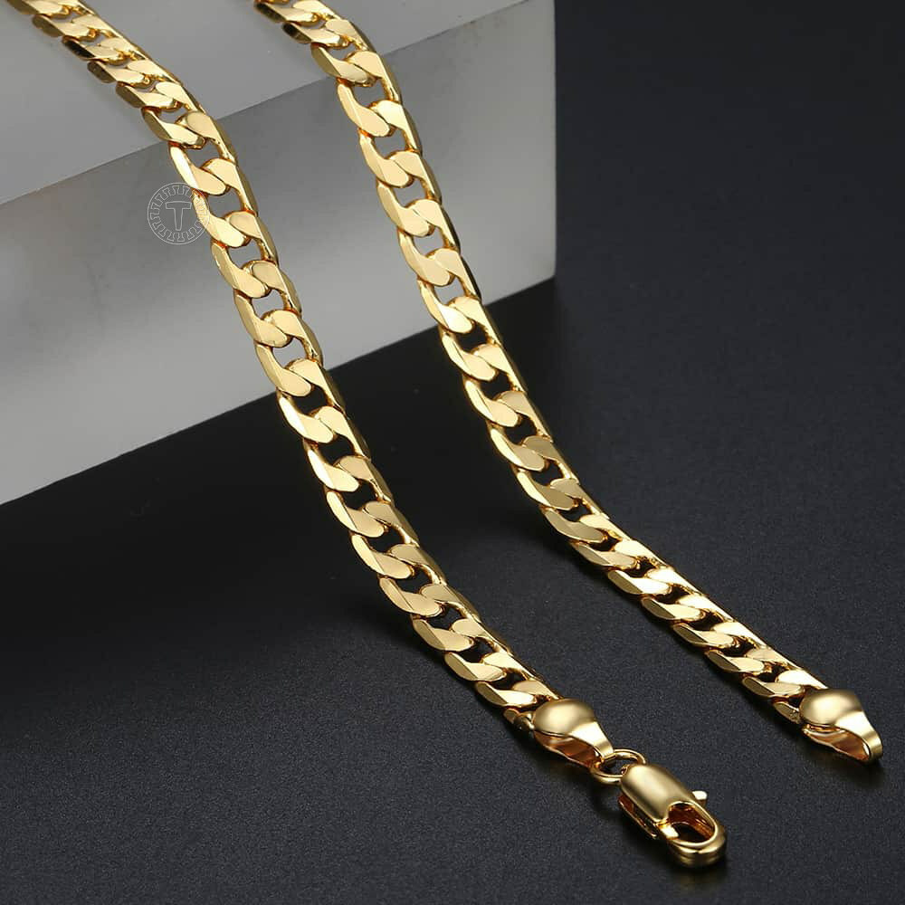 5mm Male/Female Chain Cut Flat Curb Cuban Link Yellow Gold Plated Necklace 18-24