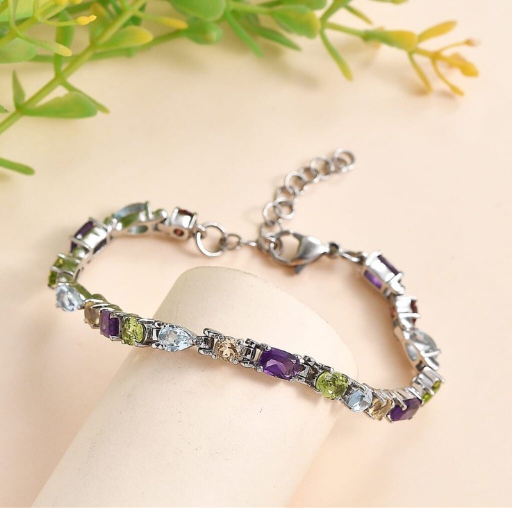Multi Gemstone 8.90 ctw Cascade Bracelet in Stainless Steel 6.50-8.0In