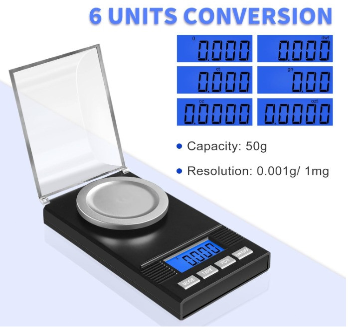 Milligram Scale 50g/0.001g, Powder Scale 6-in-1 Kit | Includes Soft Carry Bag