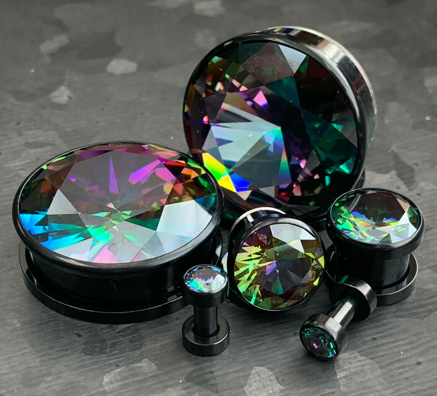 PAIR Large Vitrail Medium Gem Black Screw Fit Tunnels Ear Plugs Earlet Gauges