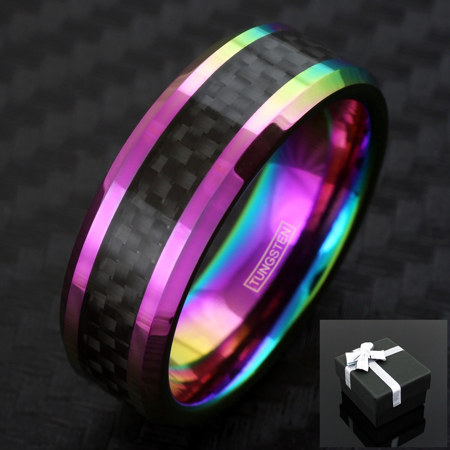 8mm Tungsten Men’s Rainbow with Black Carbon Fiber Wedding Band Ring