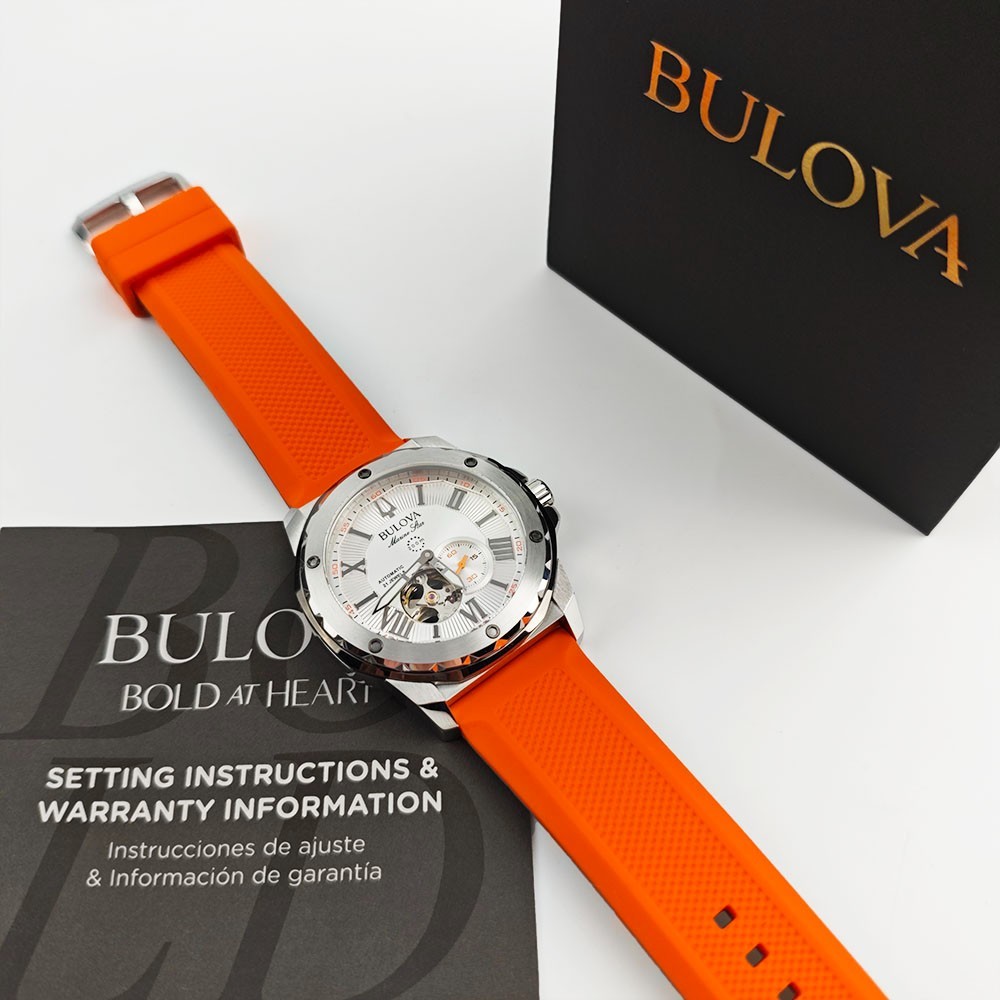 Bulova 98A226 Marine Star Silver Dial Orange Silicon Starp Men’s 45MM Watch NEW