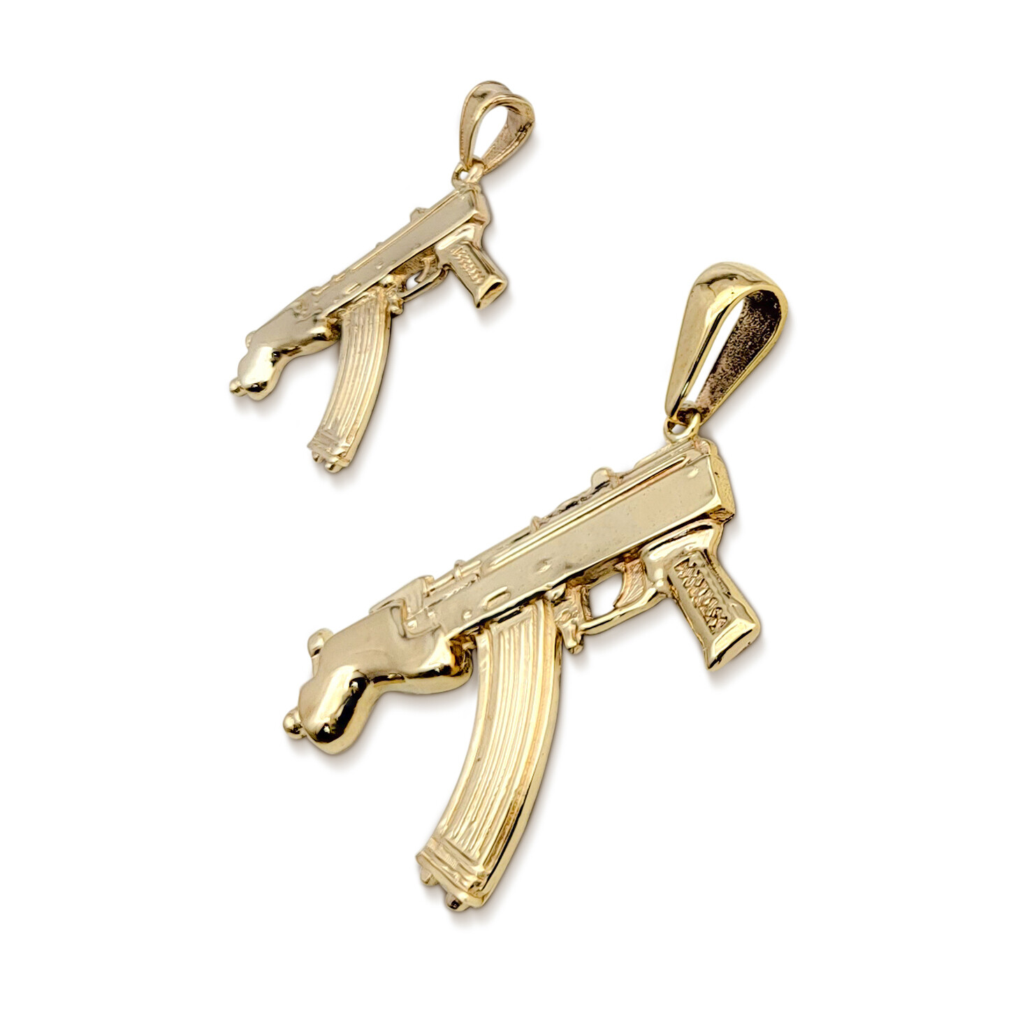 Solid 10K Yellow Gold Mini Draco Pistol, Real Gold Gun Pendant AK-47