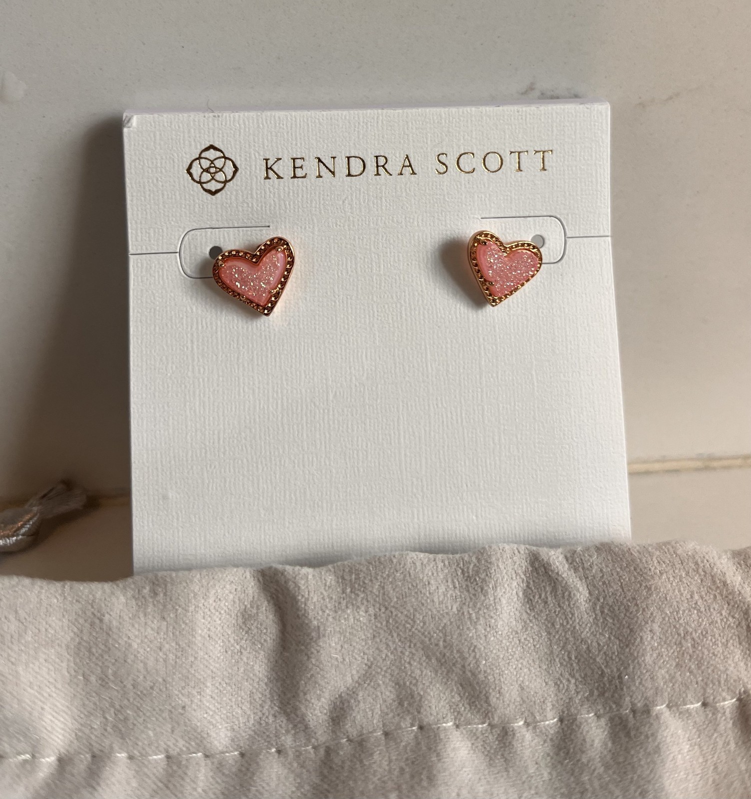 Kendra Scott Ari Light Pink Drusy Heart Stud Earrings in Rose Gold NWT