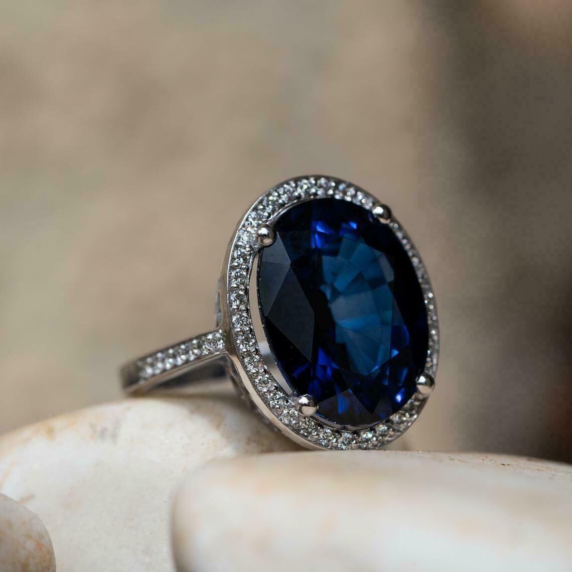 4Ct Lab Created Sapphire Diamond Halo Engagement Ring 14K White Gold Finish