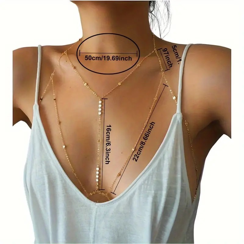 Gold Sexy Layered Body Chain Jewelry Harness Necklace, Women Bikini Dress Party