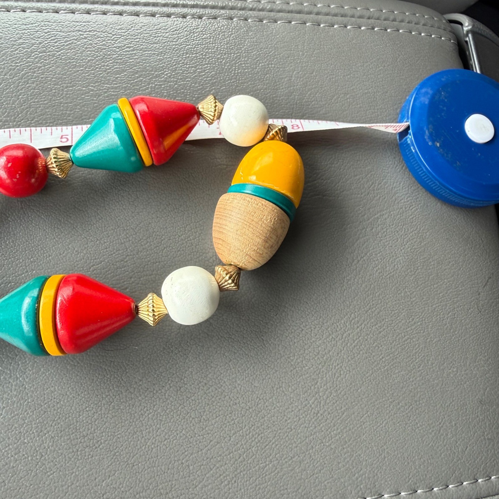 Vintage Chunky Primary Color Geometric Wood Resin Bead Statement Necklace 17in