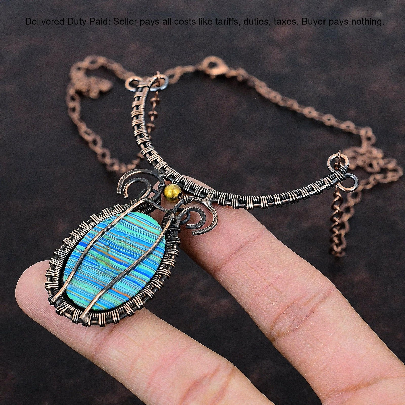 Copper Rainbow Calsilica Stone Chain Wire Wrapped Engagement Necklace Jewelry