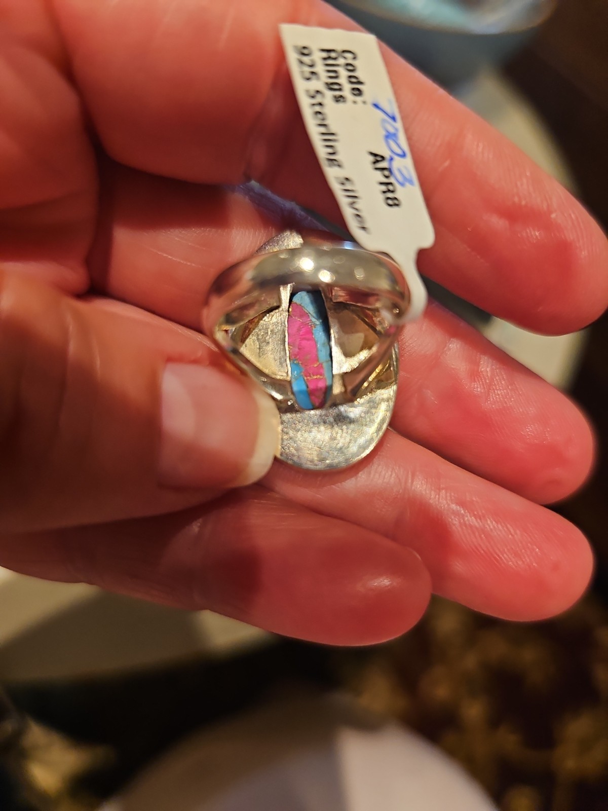Cotton Candy Turquoise Sterling Silver Ring Size 7 Oval Pink Blue White 925