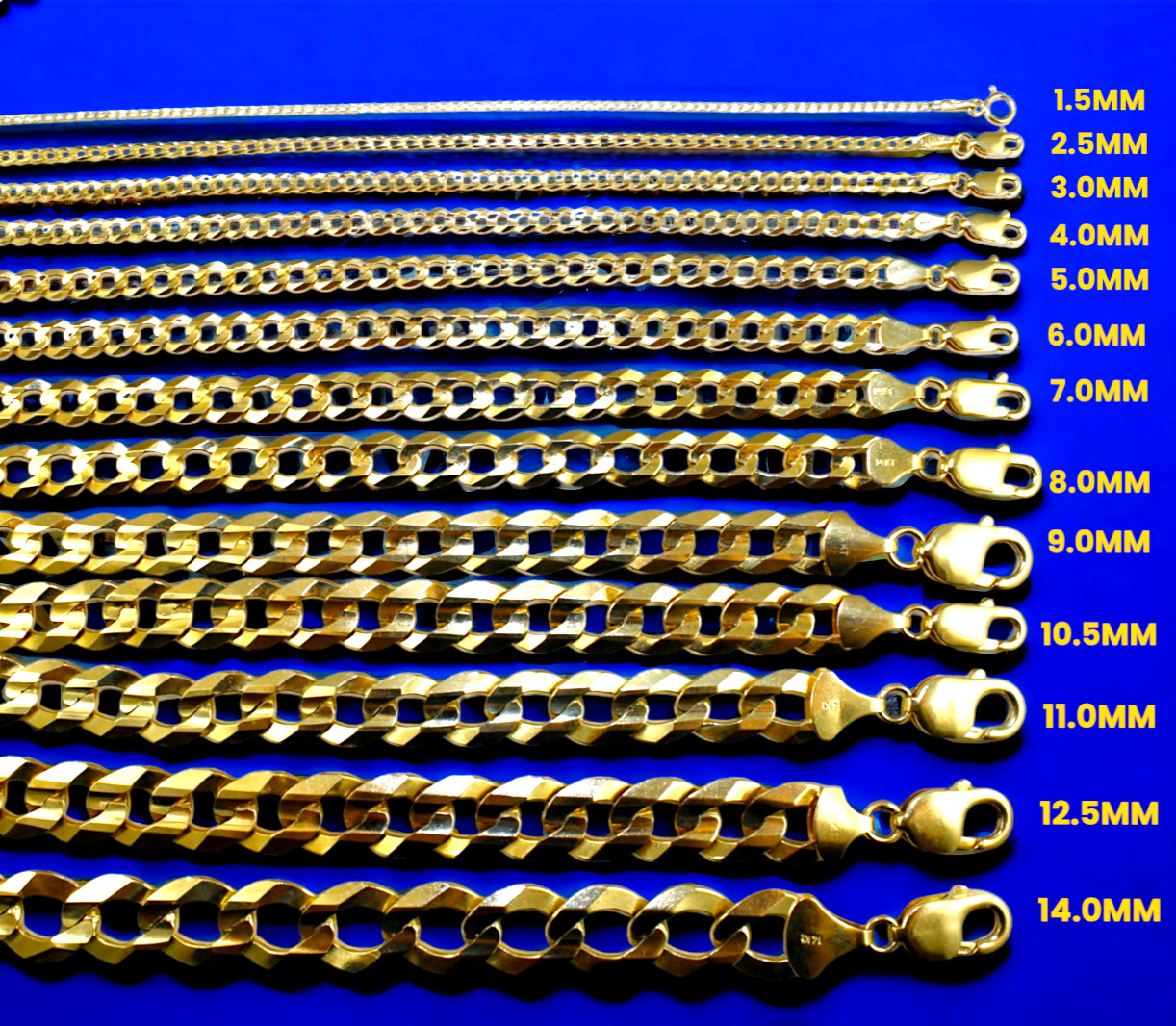 14K Yellow Gold SOLID Curb Cuban Chain Necklace Bracelet Real 1.5mm-14mm 7″-30″