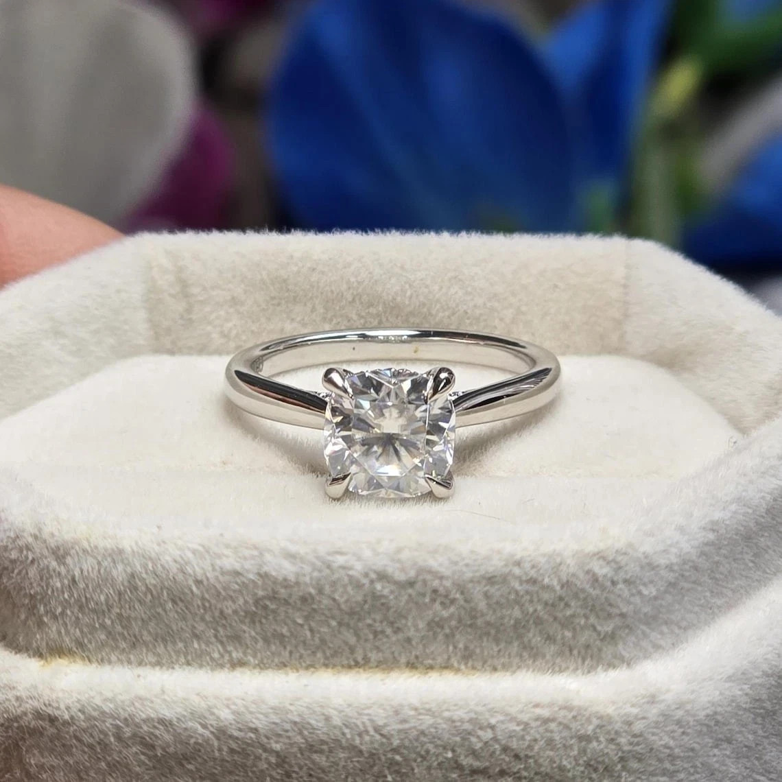 2CT Cushion-Cut Moissanite Hidden Halo Engagement Ring 14K White Gold Plated