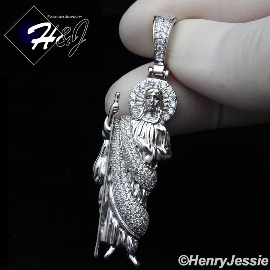 MEN WOMEN SOLID 925 STERLING SILVER ICY BLING CZ SAN JUDAS ST.JUDE PENDANT*SP329