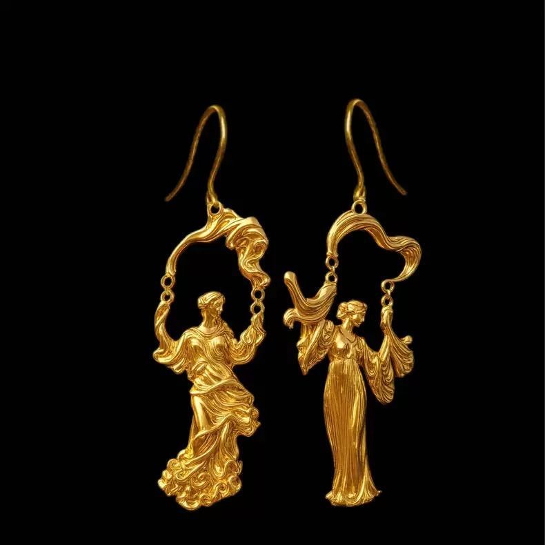 Ancient Greek Goddess Earrings Asymmetrical Gold Tone Dangle Earrings