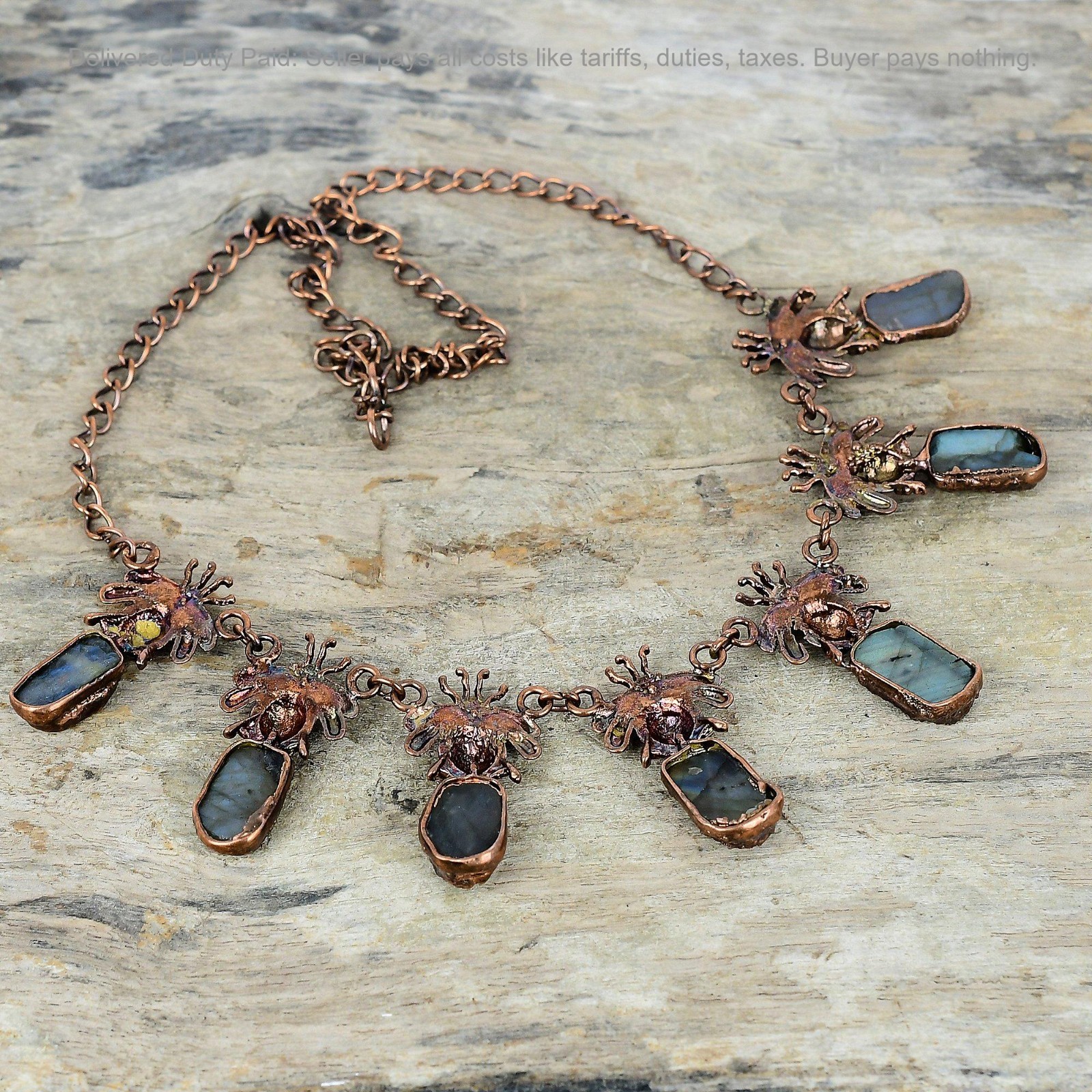 Copper Natural Labradorite Rough Chain Electroformed And Honey Bee Wife Necklace