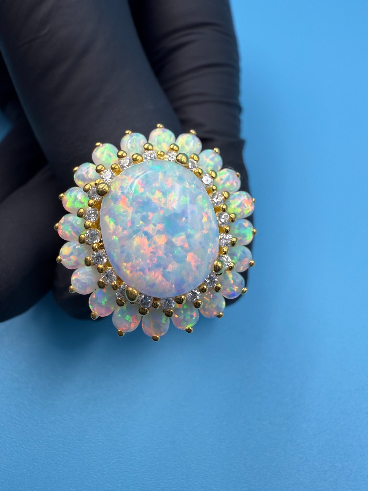 3.20Ct Oval Cut Genuine Fire Opal Cluster Engagement Ring 14K Yellow Gold Plated