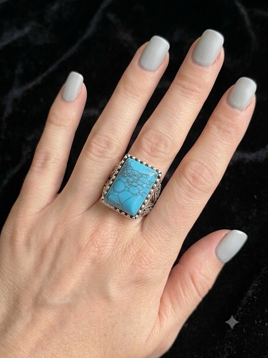 Simulated Turquoise Blue Cabochon Casual Everyday Ring Size 7.25