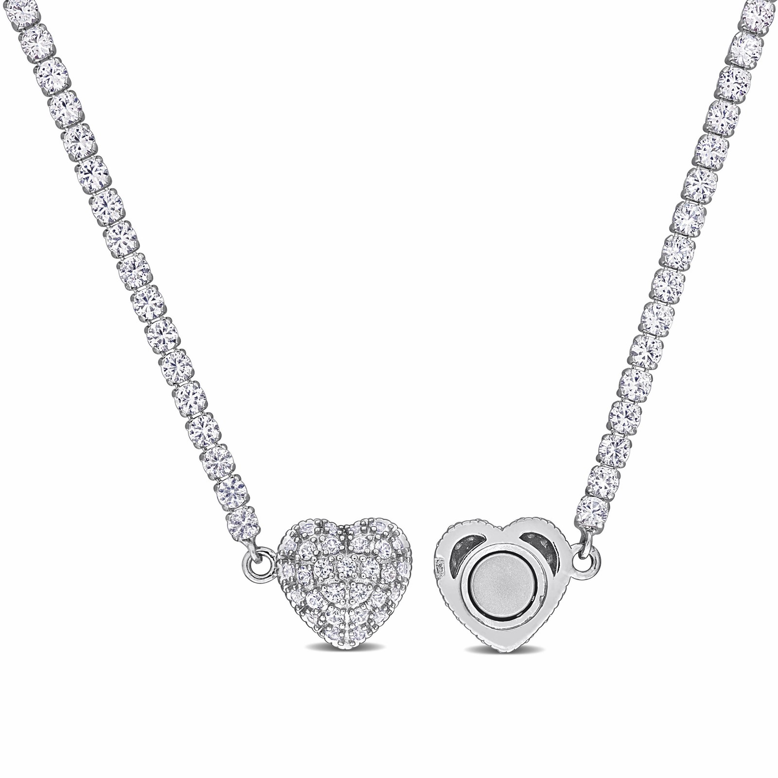 Amour Sterling Silver Created White Sapphire Necklace with Heart Clasp – 17 in