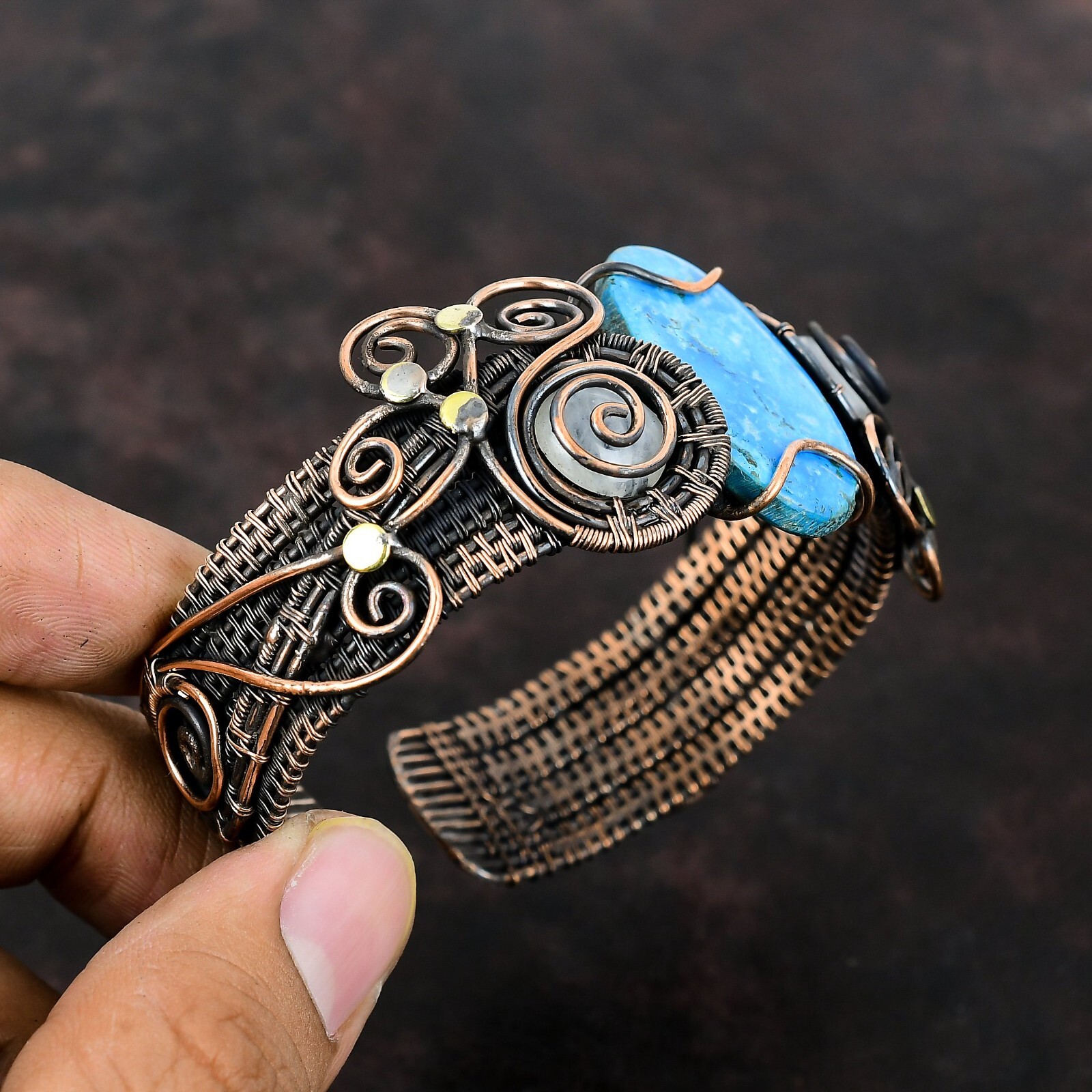 Arizona Turquoise Copper Gift For Bridesmaid Wire Wrapped Adjustable Cuff