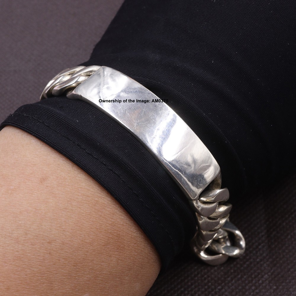 Solid 925 Sterling Silver Curb Link Bracelet W/ Plain Long Plate Bangle 7.9inch