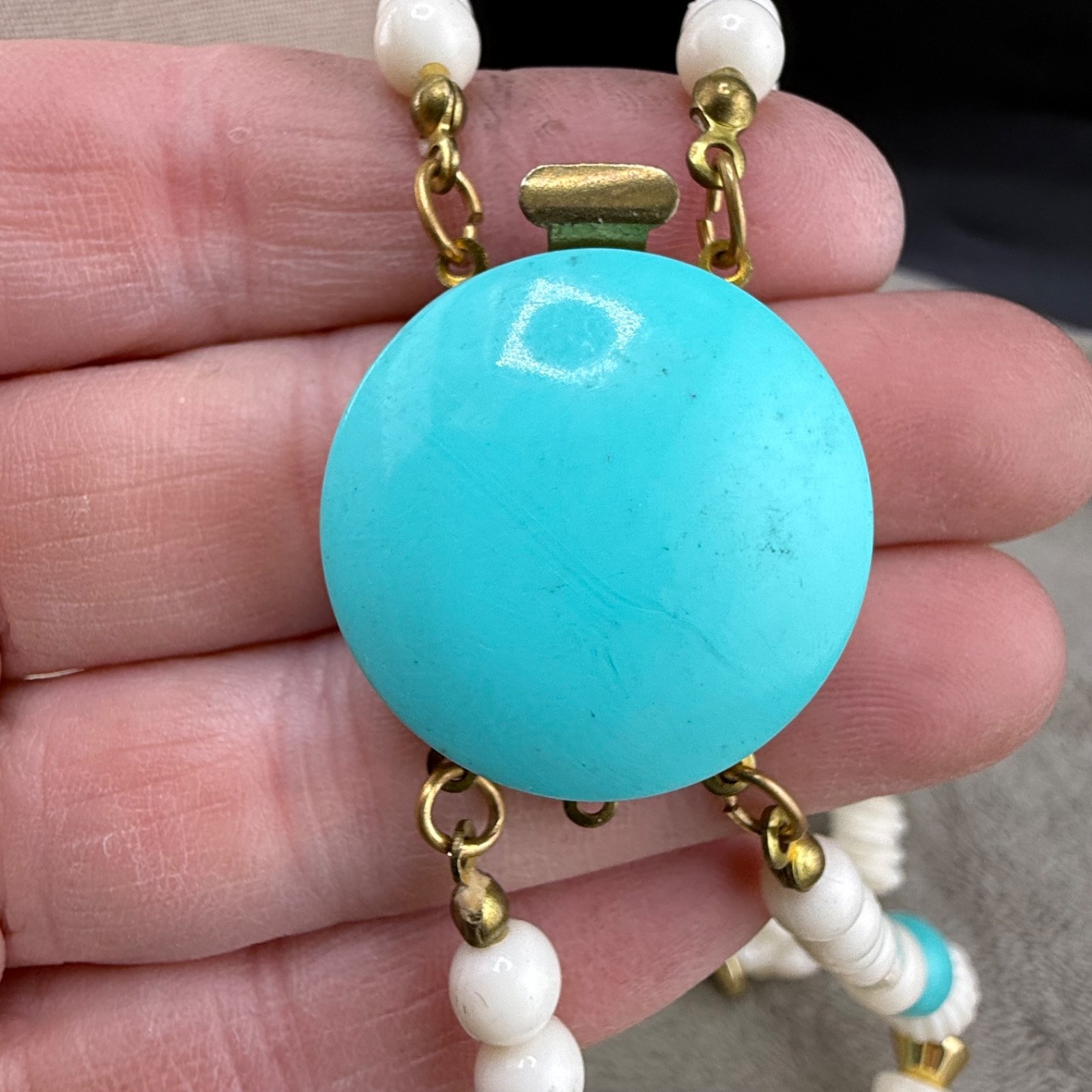 Vintage Beaded Layered Necklace Chunky Blue Green Gold Tone 30″