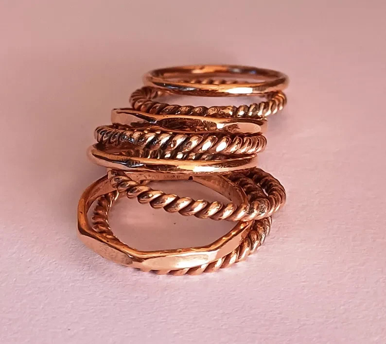 Handmade Solid Copper Ring Set: Stackable Textured Boho Rings