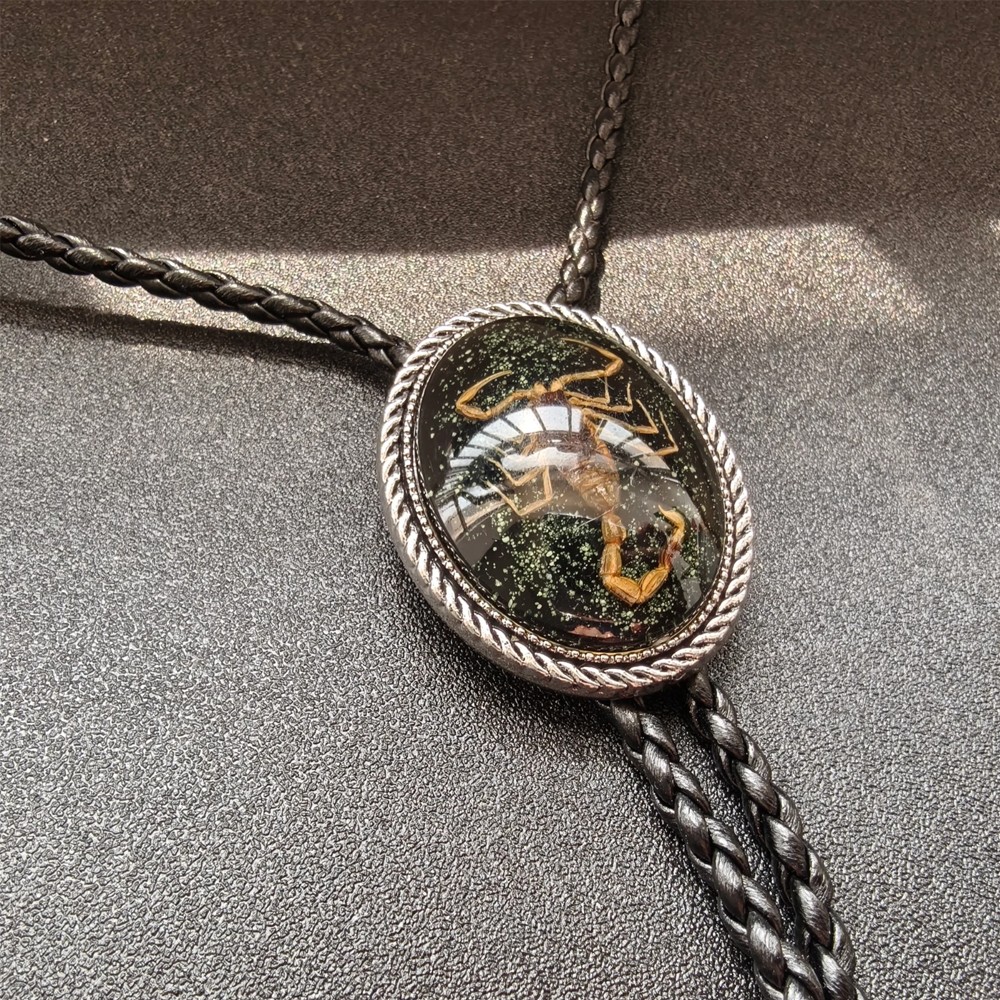 Faux Leather Western Gothic Wedding Necklace Necktie – Black Scorpion Bolo Tie