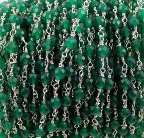 3 Feet Natural Green Onyx Round 3mm/4mm Beads Rosary Chain Silver Wire