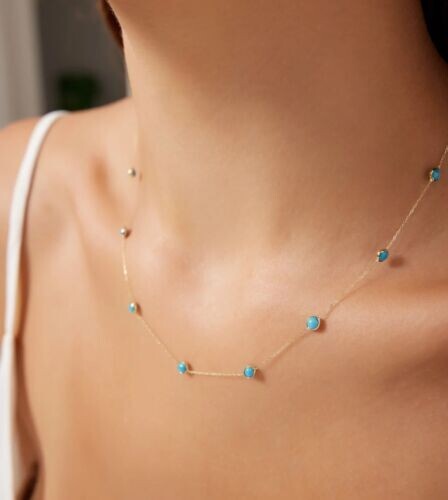 1Ct Lab-Created Turquoise Station Necklace Bezel Set in 14K Yellow Gold Finish