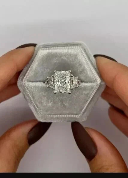 925 Silver Radiant Cut 2.35CT Lab Created Diamond Three Stone Engagement Ring