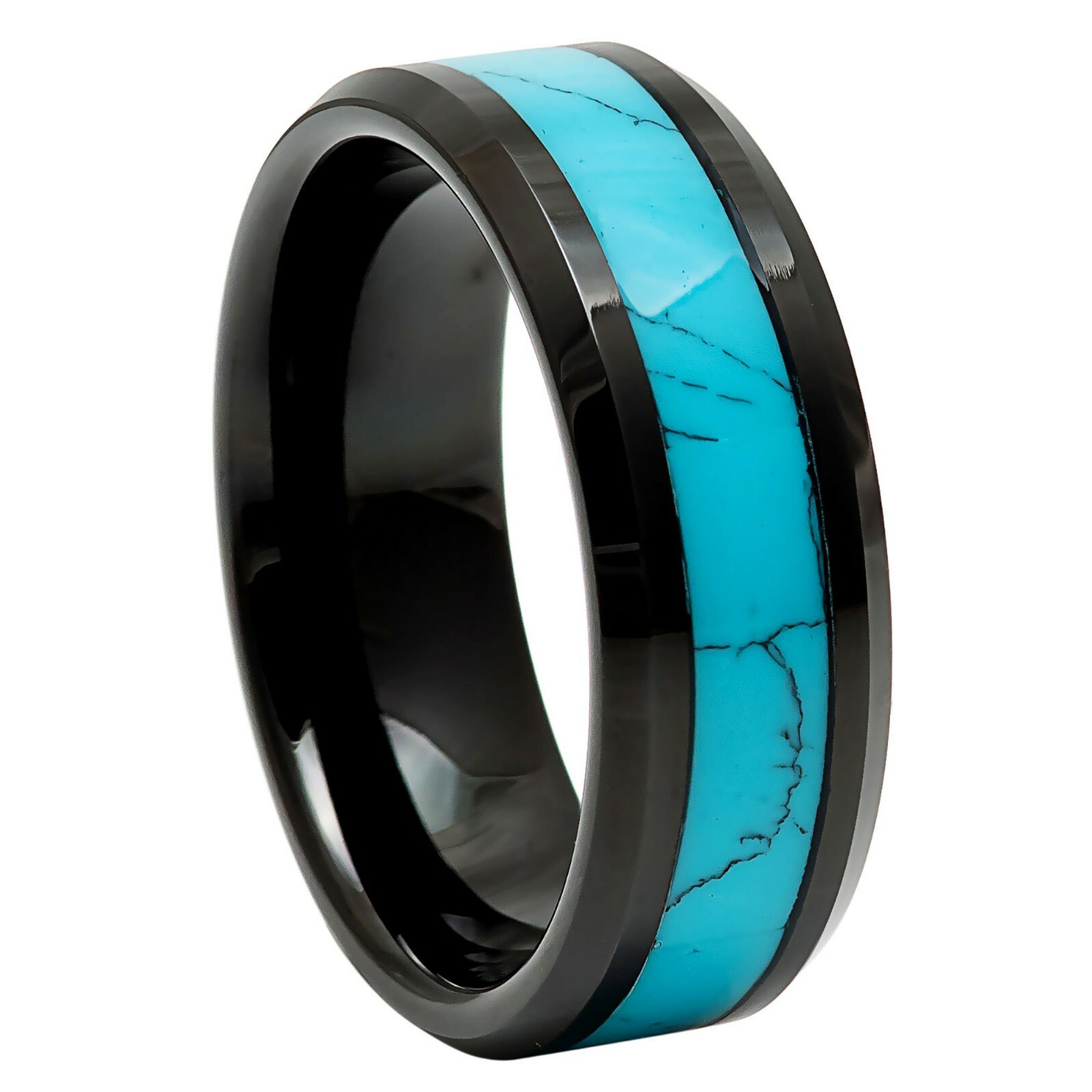 Black Ion-plated w/ Natural Blue Turquoise Inlay Beveled Edge Tungsten Ring 8mm