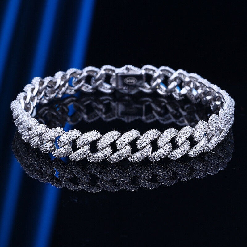 8mm Iced Zircon Cuban Link Chain Bracelet Solid 925 Sterling Silver Men Women