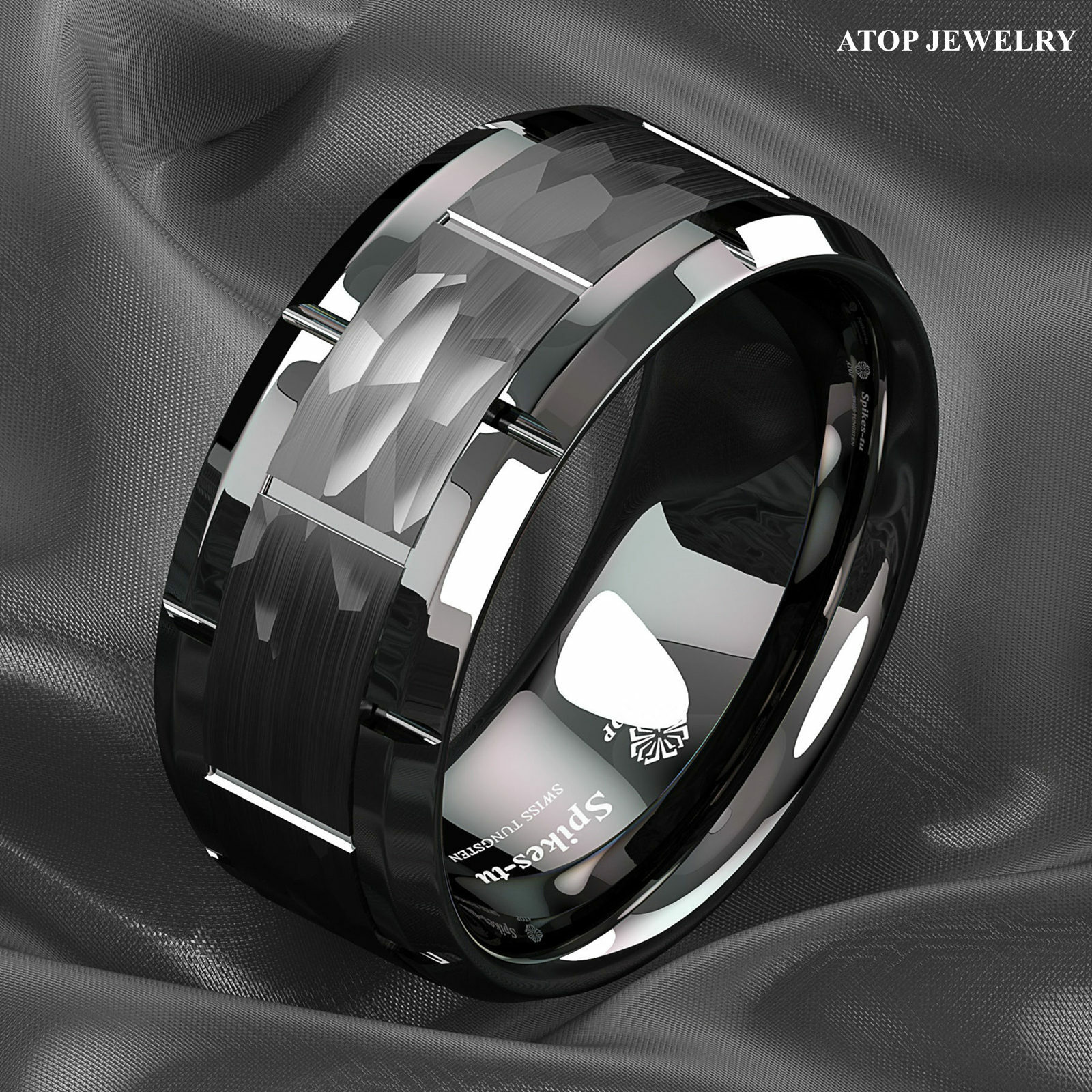 8mm All Black Brushed Hammered Tungsten Ring for Men Wedding Band ATOP Jewelry