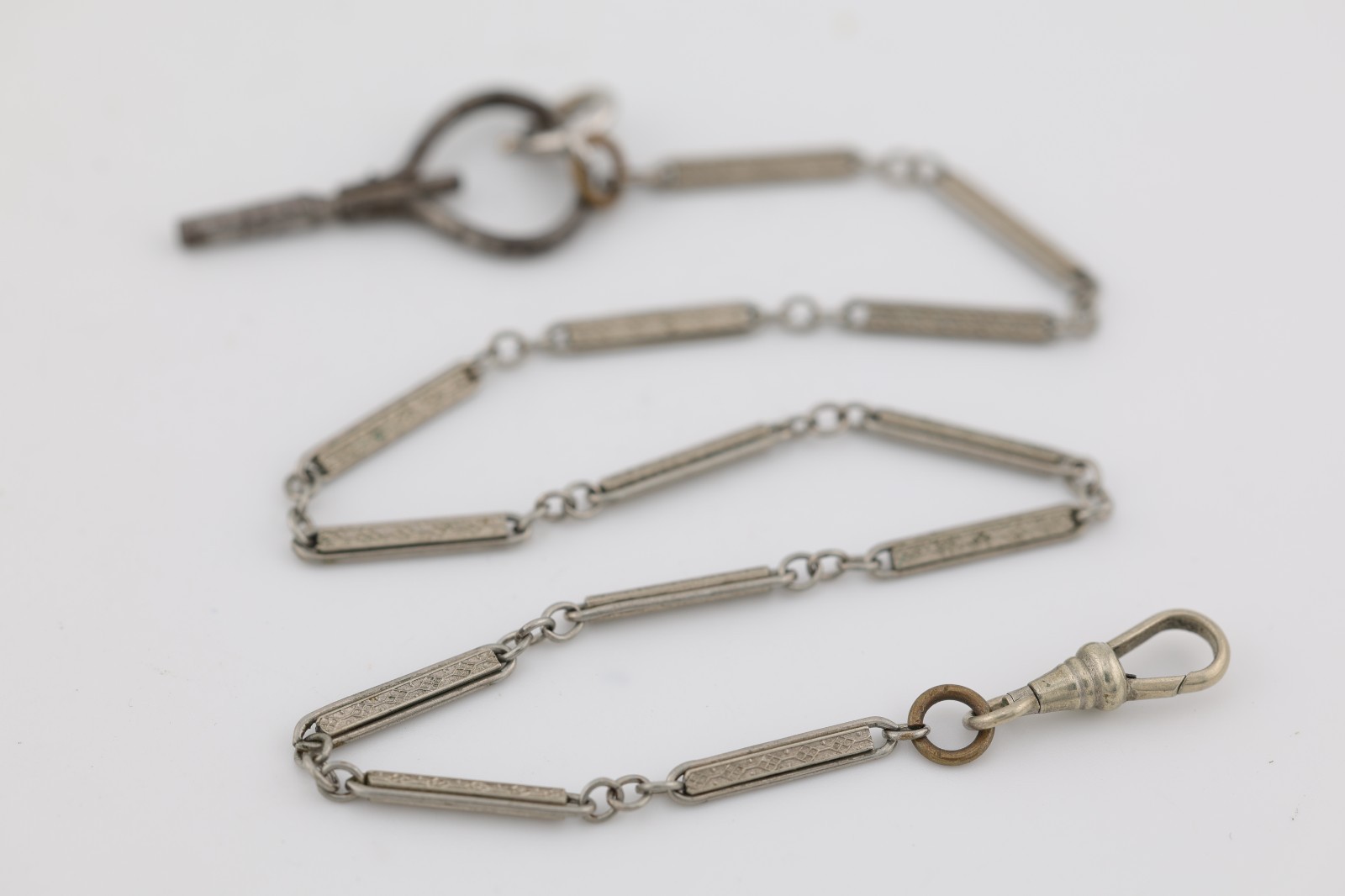 WHITE GOLD FILLED PANEL LINK POCKET WATCH CHAIN 34cm, 3mm WIDE (A17)