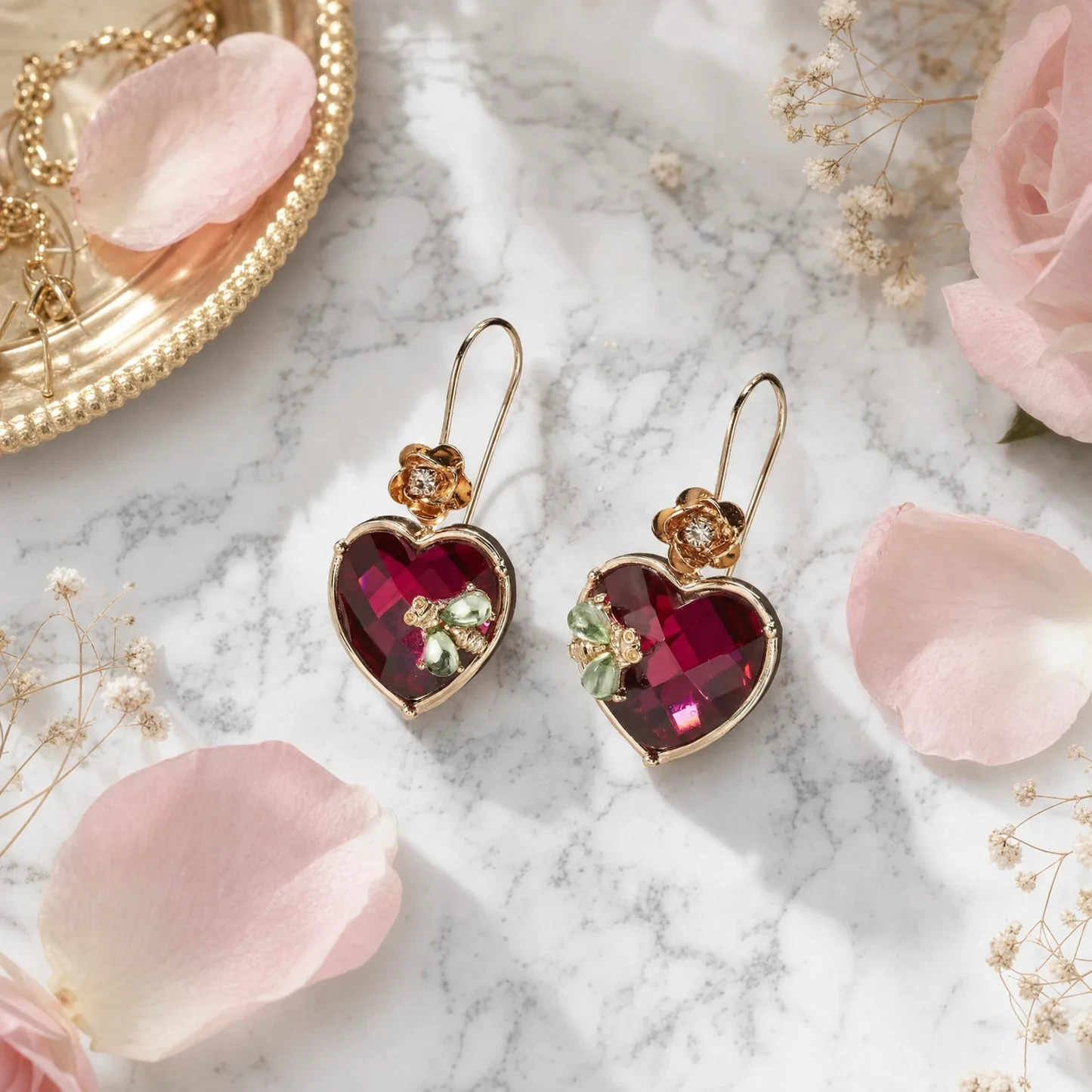 Red Crystal Heart Dangle Earrings Gold Tone Floral Drop Earrings Women’s Gift