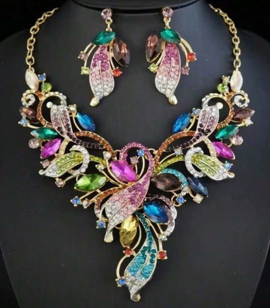 JEWELRY SET-Luxury Elegant Glass Rhinestone Necklace, Earrings 3pcs, Colorful Ex