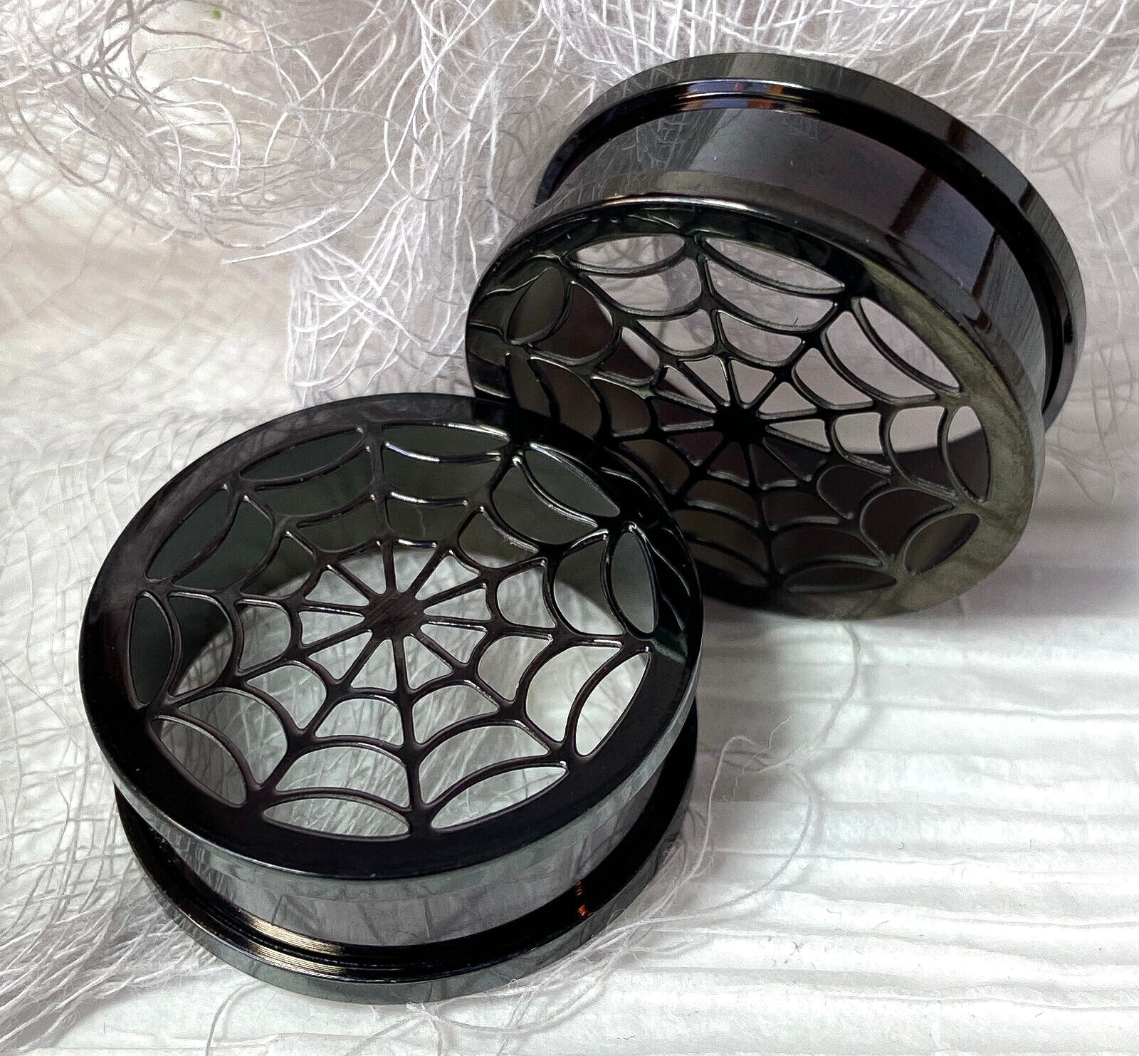 PAIR Black Spider Web Surgical Steel Tunnels Spiderweb Ear Plugs Earlets Gauges